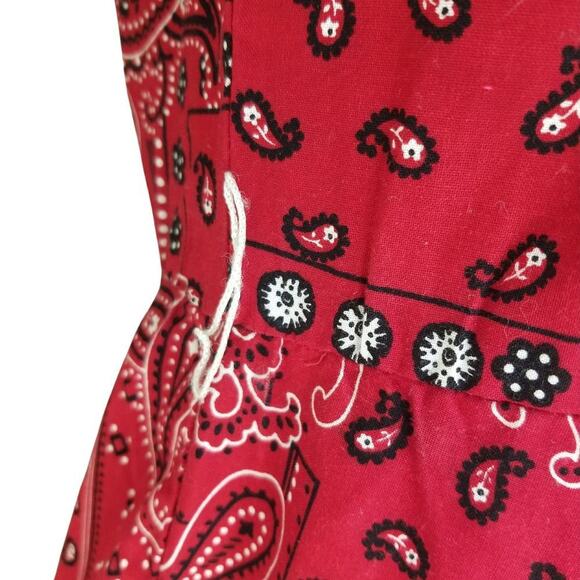 80s Midi Red Kerchief Print Dress Button Short Sleeve Crew Neck VINTAGE Size XL - Picture 4 of 8